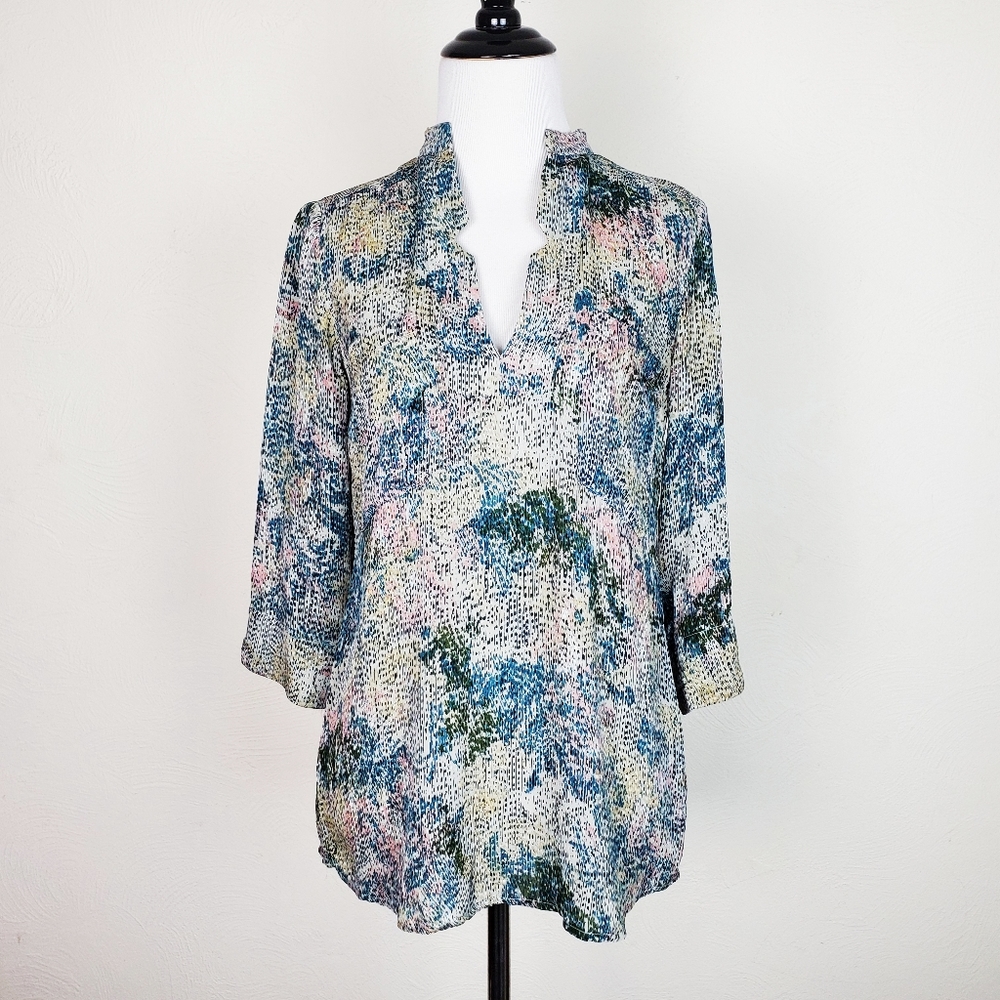 Rachel Mara Blouse Top Silk Abstract Impressionist Boho Cottagecore Artsy